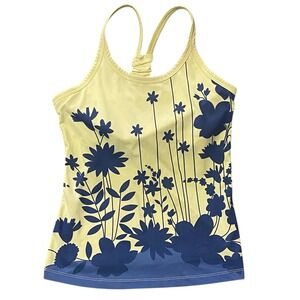 Athleta Womens Small Yellow Blue Floral Shelf Bra Yoga Tank Top Coolmax USA Made